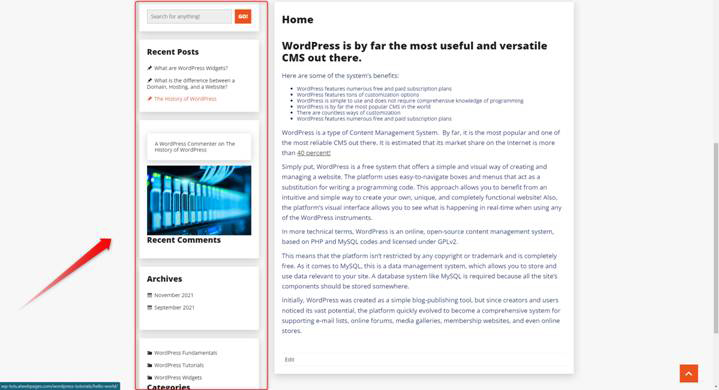 WordPress website Sidebar area