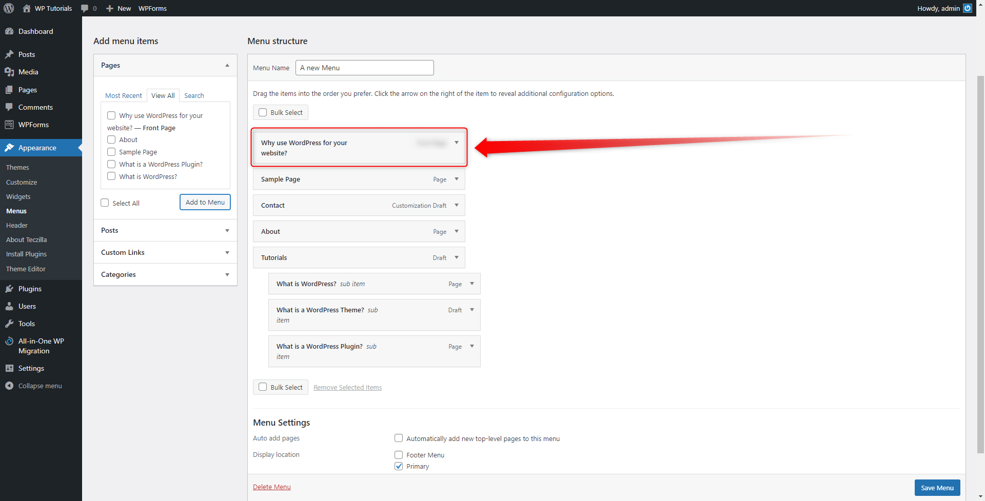 WordPress Menu Structure Settings