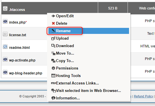 WordPress Website .htaccess File Rename