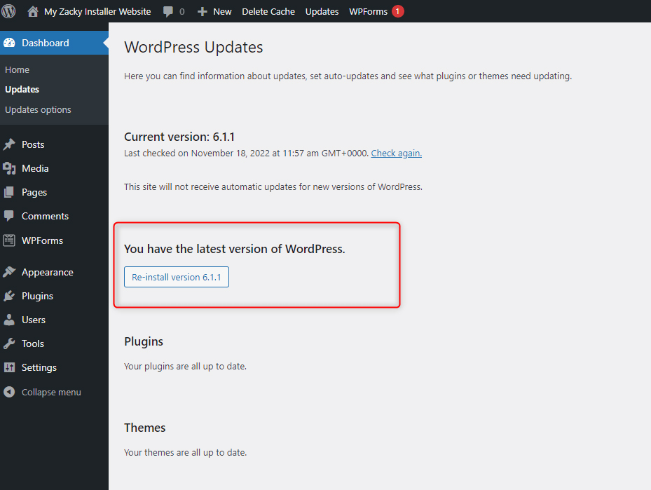 WordPress re-install button