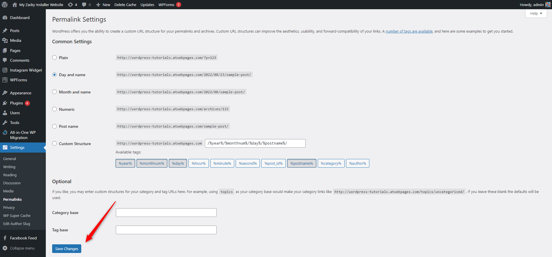 WordPress Admin Panel Permalink Settings