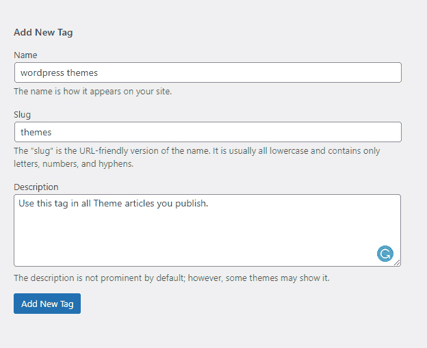 Add New Tag Details Box